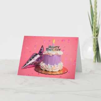 Cartes Pour Fêtes Annuelles Joyeux Anniversaire Purple et gâteau rose avec bou