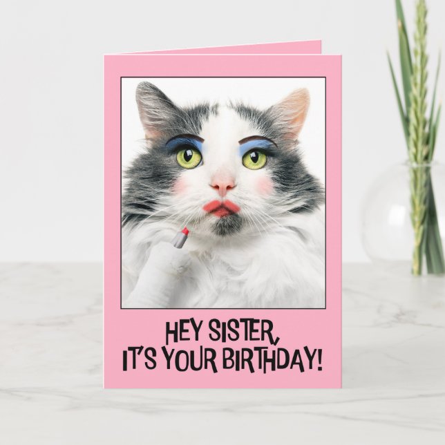 Cartes Pour Fêtes Annuelles Joyeux Anniversaire Soeur Funny Chat dans le maqui (Devant)