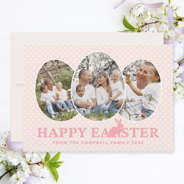 Cartes Pour Fêtes Annuelles Joyeux Apricot de Pâques Pink Bunny Famille Oeufs  (Easter family photo collage card with egg-shaped photo frames, apricot pink text and rabbit.)