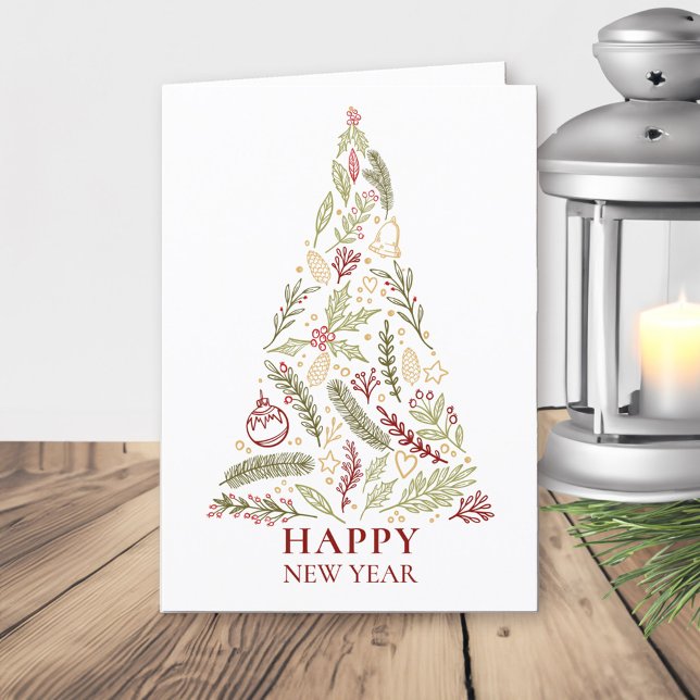 Cartes Pour Fêtes Annuelles Joyeux arbre du Nouvel An Pin et Holly (Happy New Year card with stylized christmas tree)