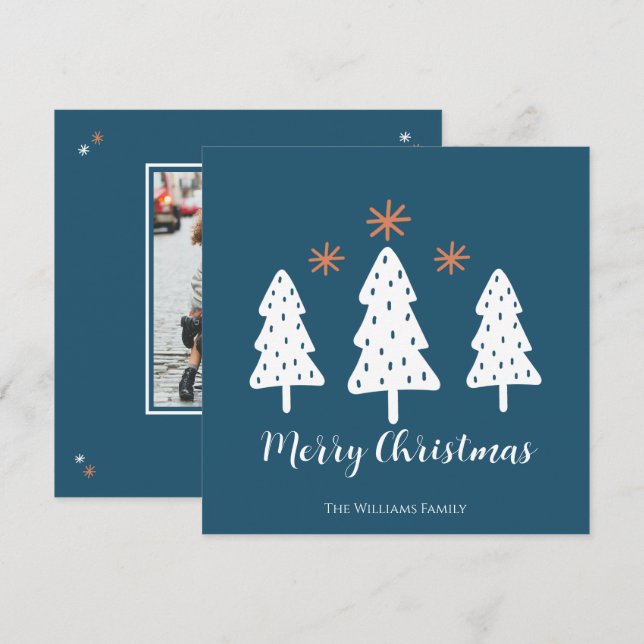 Cartes Pour Fêtes Annuelles Joyeux arbres de Noël et étoiles Bleu (Devant / Derrière)