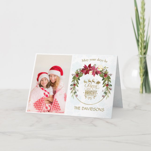 Cartes Pour Fêtes Annuelles Joyeux Bonheur Or Poinsettia Et Belle Photo Noël (Devant)