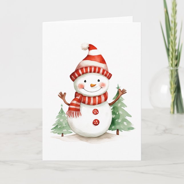 Cartes Pour Fêtes Annuelles Joyeux bonhomme de neige de Noël avec arbres (Devant)