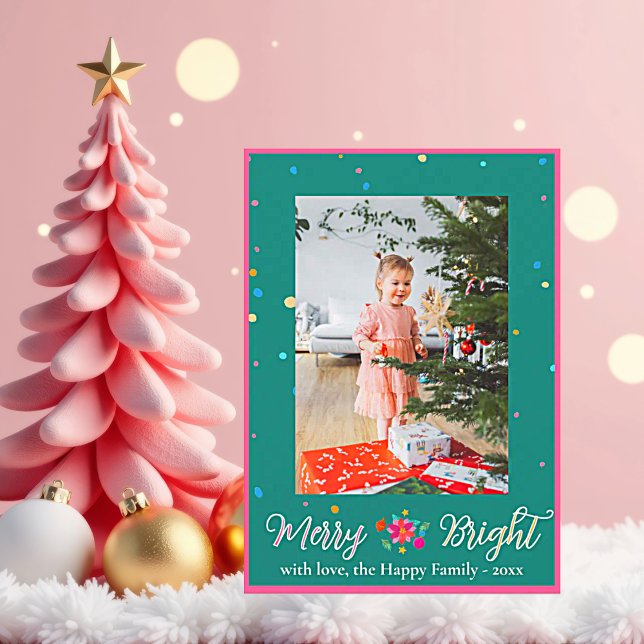 Cartes Pour Fêtes Annuelles Joyeux Bright Colorée Photo Noël (Merry and Bright Christmas Greeting Card photo personalize with family name and year.)