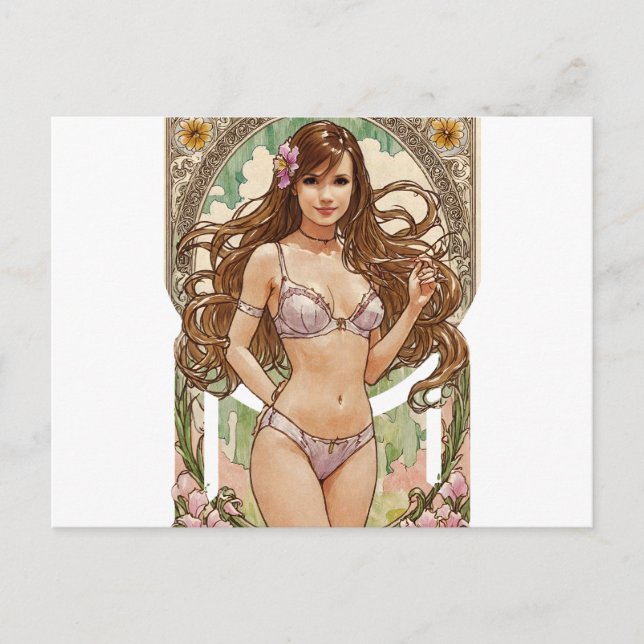 Cartes Pour Fêtes Annuelles Joyeux Brunette V2 Mucha Style Art (Devant)