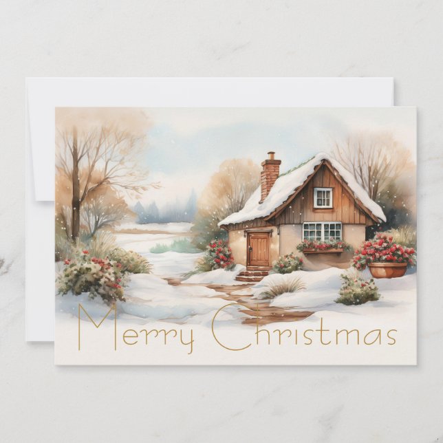 Cartes Pour Fêtes Annuelles Joyeux Cabine de Noël dans un paysage enneigé (Devant)