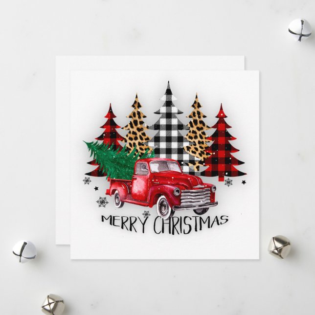Cartes Pour Fêtes Annuelles Joyeux camion de Noël et arbres Noël (Devant/Arrière en situation)