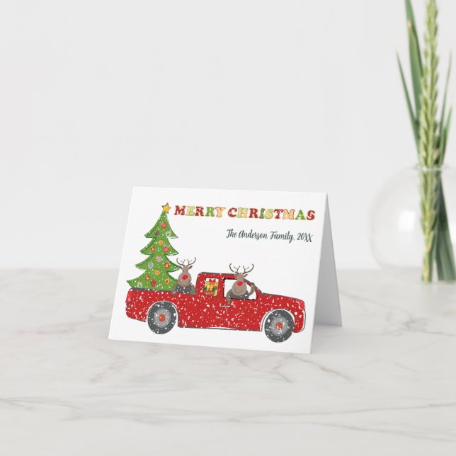 Cartes Pour Fêtes Annuelles Joyeux Camion Rouge Noël, Arbres de Noël Drôle (Devant)