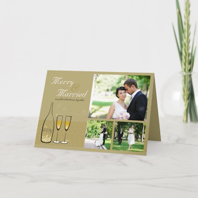 Cartes Pour Fêtes Annuelles Joyeux Champagne D'Or Marié 3 Mariage Photo (Devant)