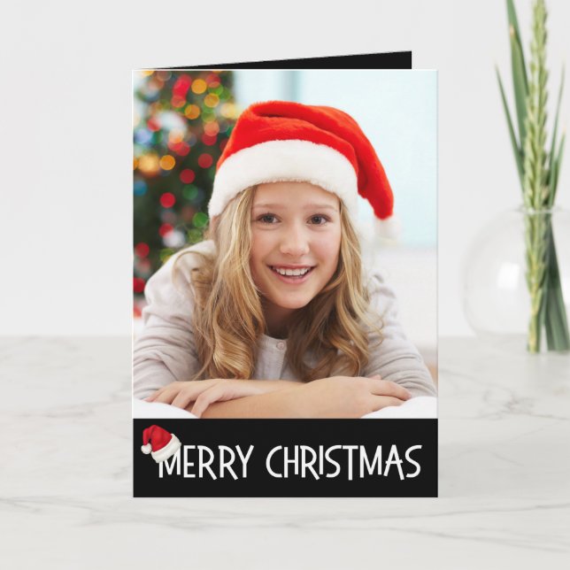 Cartes Pour Fêtes Annuelles Joyeux chapeau de Noël sur photo noire personnalis (Devant)