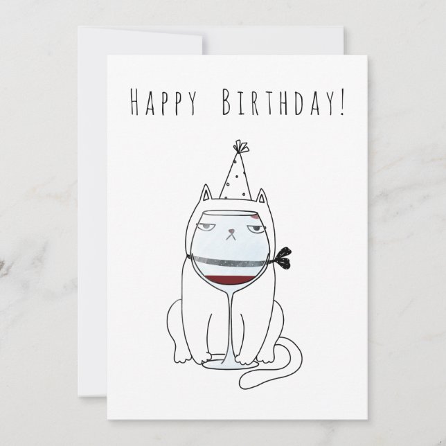Cartes Pour Fêtes Annuelles Joyeux Chat d'Anniversaire avec Verre à Vin. Drôle (Devant)