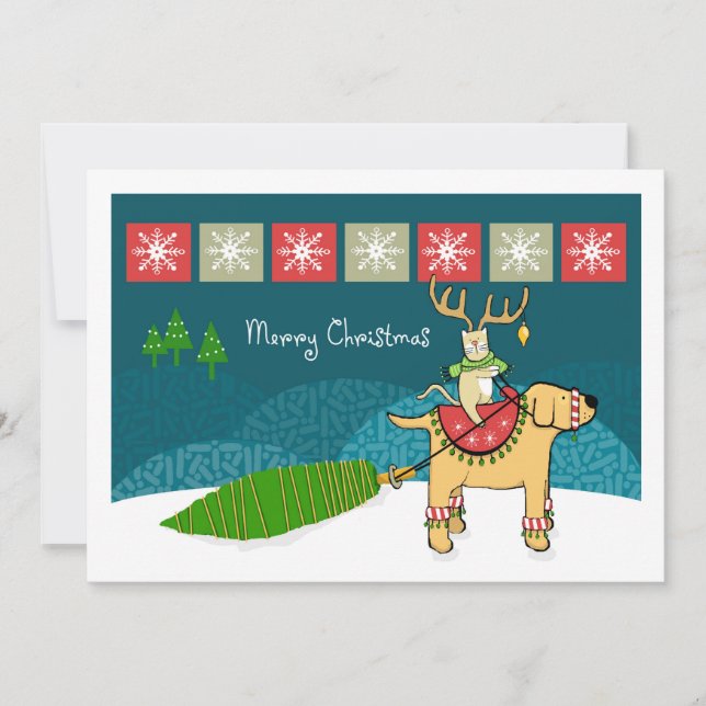 Cartes Pour Fêtes Annuelles Joyeux chat de Noël avec Antlers Riding Chien (Devant)
