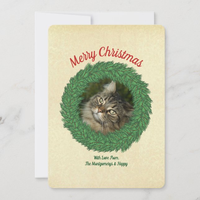 Cartes Pour Fêtes Annuelles Joyeux chat de Noël en Wreath Pet Photo (Devant)