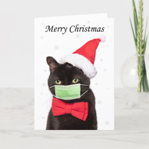 Cartes Pour Fêtes Annuelles Joyeux chat de Noël mignonne à Santa Hat et Masque