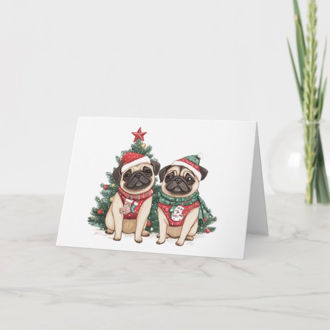Cartes Pour Fêtes Annuelles Joyeux Chiens de Carlin de Noël (Devant)