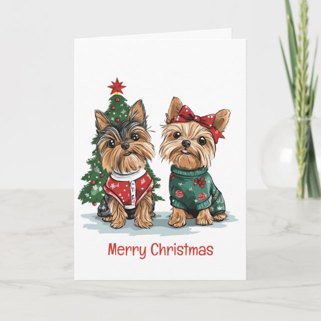 Cartes Pour Fêtes Annuelles Joyeux Chiens de Yorkie de Noël (Devant)