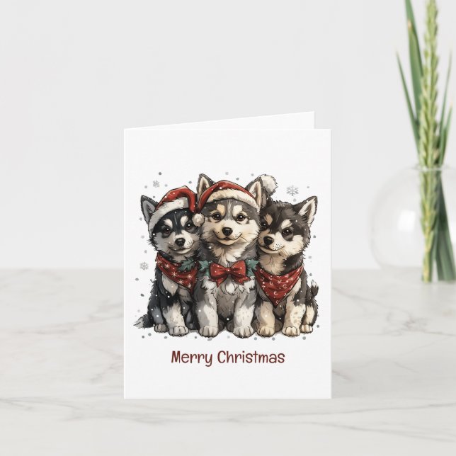 Cartes Pour Fêtes Annuelles Joyeux Chiens Husky Noël (Devant)