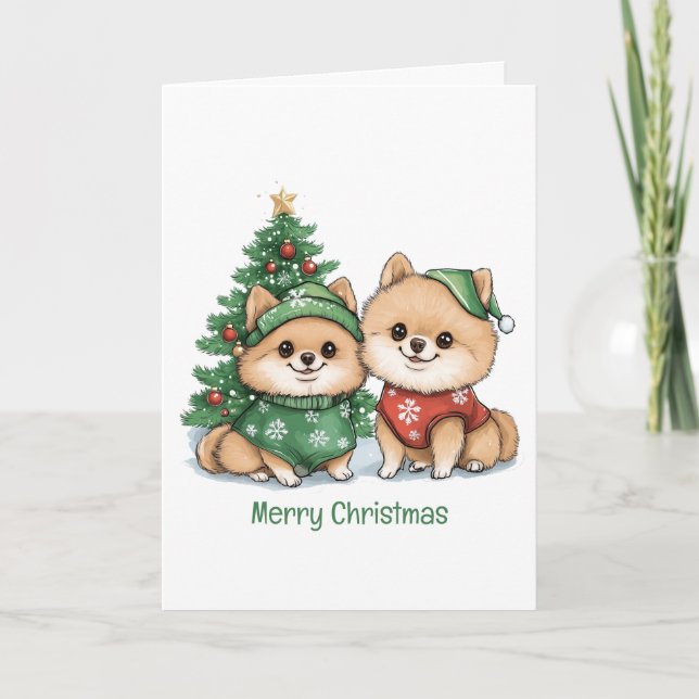 Cartes Pour Fêtes Annuelles Joyeux Chiens Poméraniens de Noël (Devant)