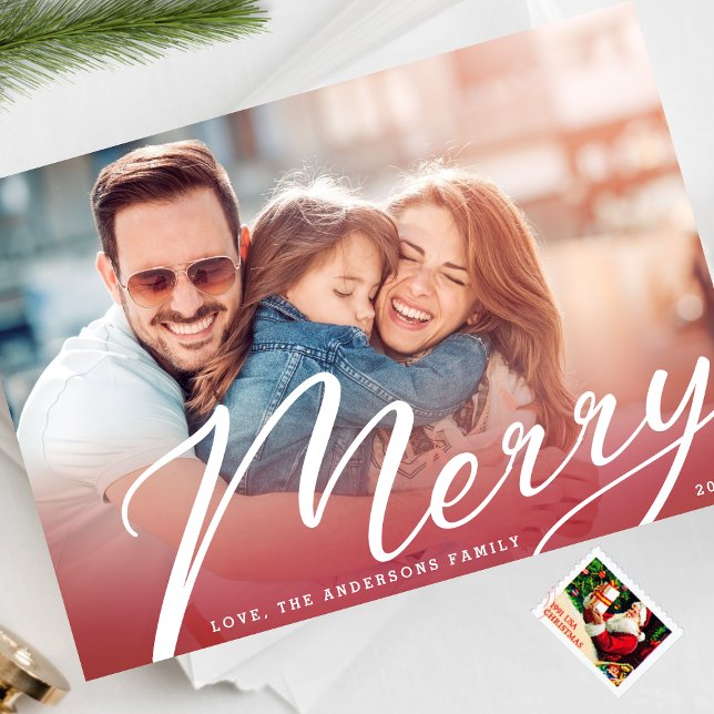 Cartes Pour Fêtes Annuelles Joyeux Classic Letting Red Gradient Photo (Créateur téléchargé)
