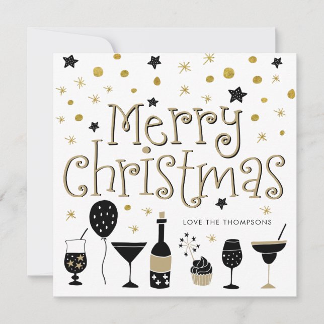 Cartes Pour Fêtes Annuelles Joyeux Cocktail de Noël Stars Confetti Gold Black (Devant)