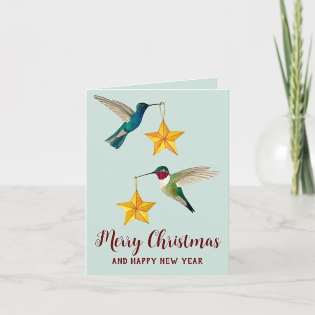 Cartes Pour Fêtes Annuelles Joyeux colibris de Noël et étoiles (Devant)