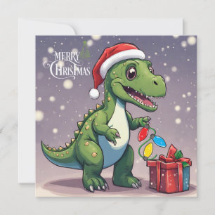 Cartes Pour Fêtes Annuelles Joyeux dinosaure de Noël avec présent