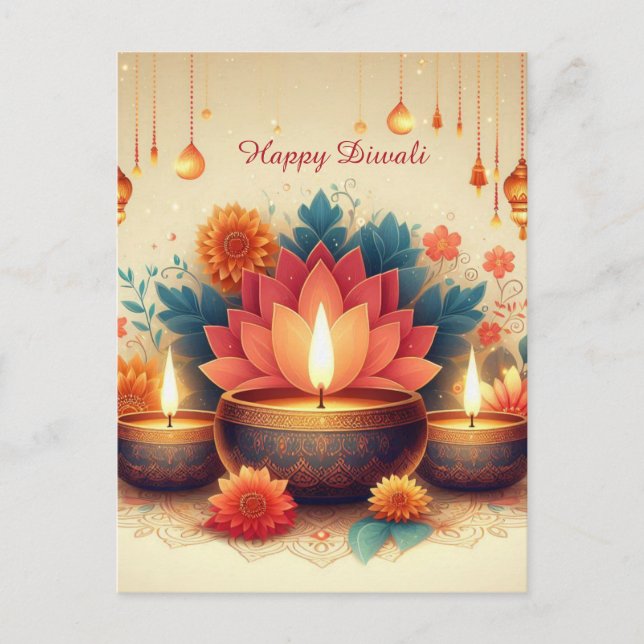 Cartes Pour Fêtes Annuelles Joyeux Diwali Diya Lotus Festival Floral Lumière (Devant)
