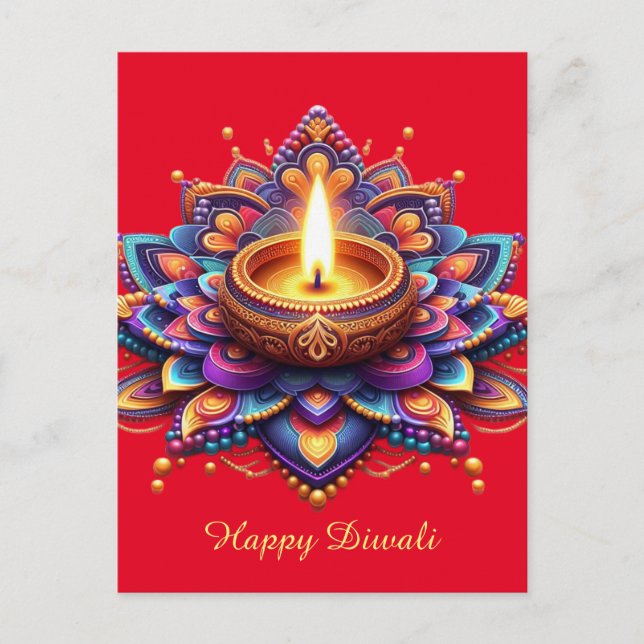 Cartes Pour Fêtes Annuelles Joyeux Diwali Diya Rangoli Festival du rouge clair (Devant)
