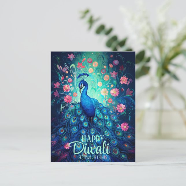 Cartes Pour Fêtes Annuelles Joyeux Diwali Festival des lumières Peacock (Debout devant)