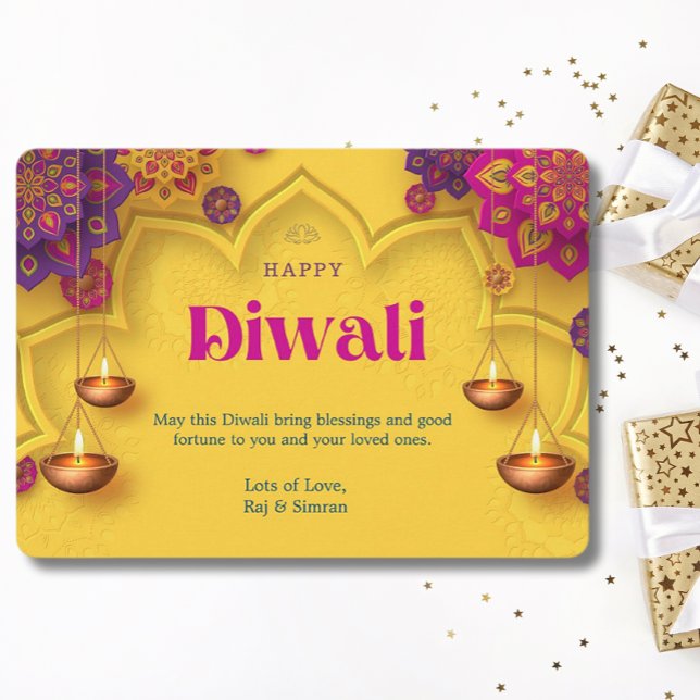 Cartes Pour Fêtes Annuelles Joyeux Diwali Salutation jaune violet floral (Créateur téléchargé)