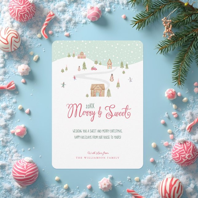 Cartes Pour Fêtes Annuelles Joyeux & Doux Aquarelle Pain d'épices Ville de bon (Merry & Sweet Watercolor Gingerbread Candy Town Holiday Card)