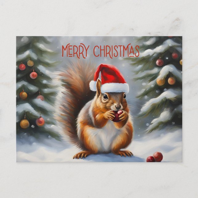 Cartes Pour Fêtes Annuelles Joyeux écureuil de Noël et forêt d'hiver (Devant)