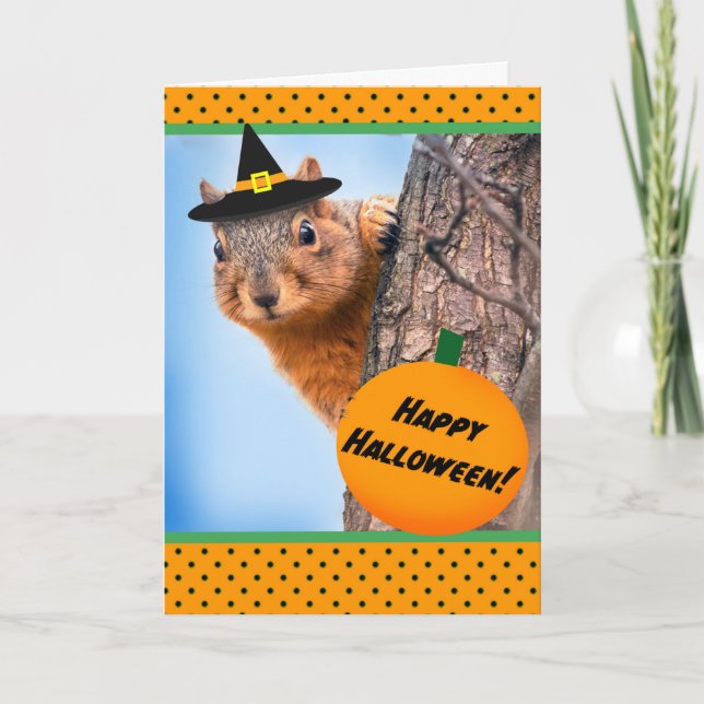 Cartes Pour Fêtes Annuelles Joyeux écureuil d'Halloween en Casquette de sorciè (Devant)
