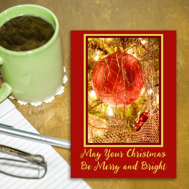 Cartes Pour Fêtes Annuelles Joyeux et bon Noël (Traditional Red Ornament Merry & Bright Christmas Card)