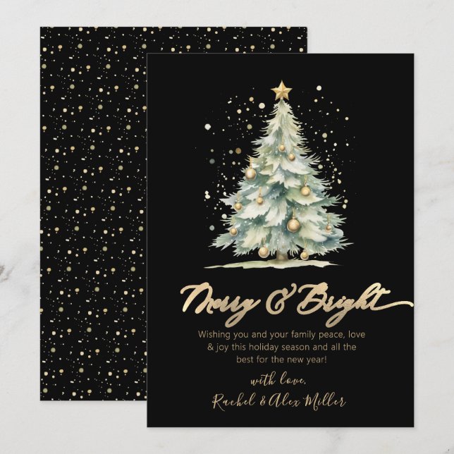 Cartes Pour Fêtes Annuelles Joyeux et brillant Chic Gold Script Arbre non phot (Devant / Derrière)