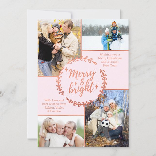 Cartes Pour Fêtes Annuelles Joyeux et brillant Collage photo Rose Gold Noël (Devant)