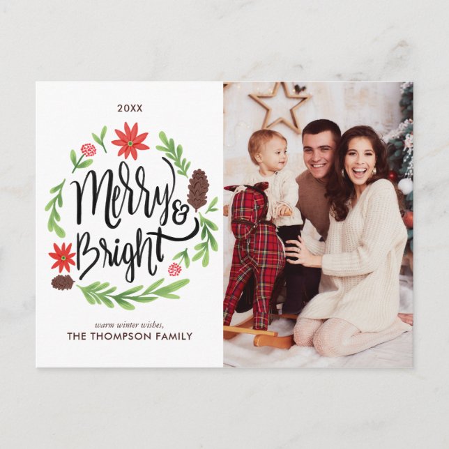 Cartes Pour Fêtes Annuelles "Joyeux et brillant" Festive Main peinte Wreath (Devant)