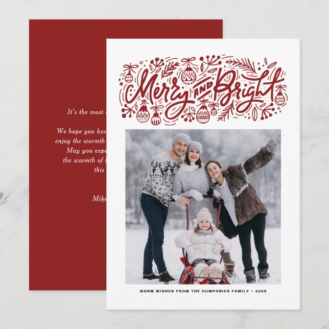 Cartes Pour Fêtes Annuelles Joyeux et brillant Lettres rouge photo de Noël (Devant / Derrière)