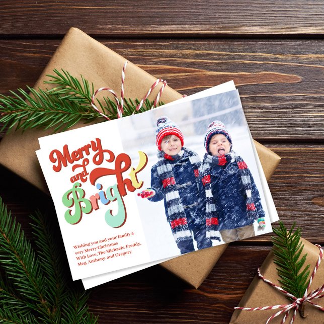 Cartes Pour Fêtes Annuelles Joyeux et brillant Noël Deux photos (Merry and Bright holiday photo card. With colorful retro typography. )