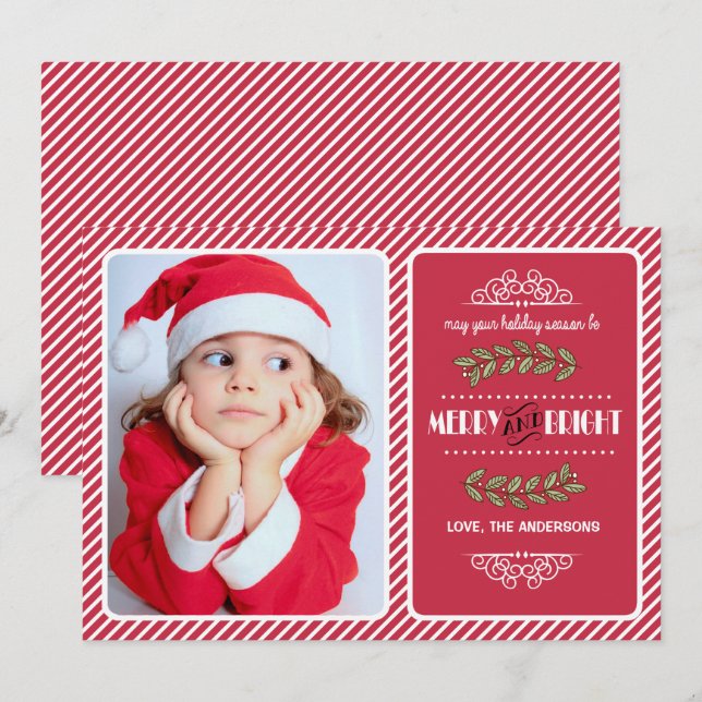 Cartes Pour Fêtes Annuelles Joyeux et brillant Noël. Photo Red Stripes (Devant / Derrière)
