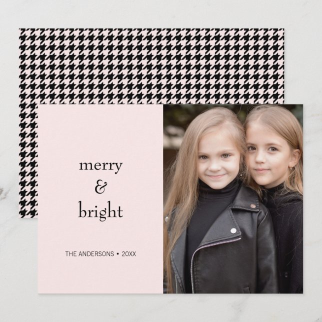 Cartes Pour Fêtes Annuelles Joyeux et brillant Noël rose et noir photo (Devant / Derrière)