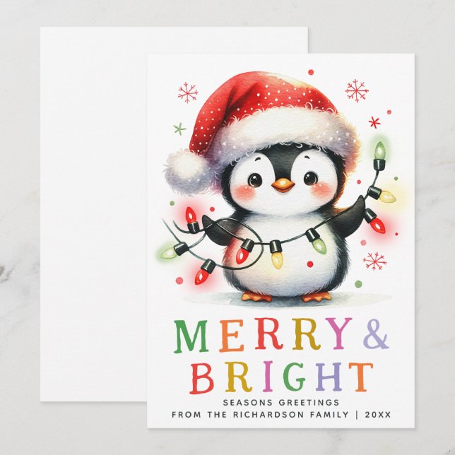 Cartes Pour Fêtes Annuelles Joyeux et brillant Pingouin de Noël (Devant / Derrière)