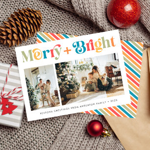 Cartes Pour Fêtes Annuelles Joyeux et brillant rétro couleur deux photos Noël