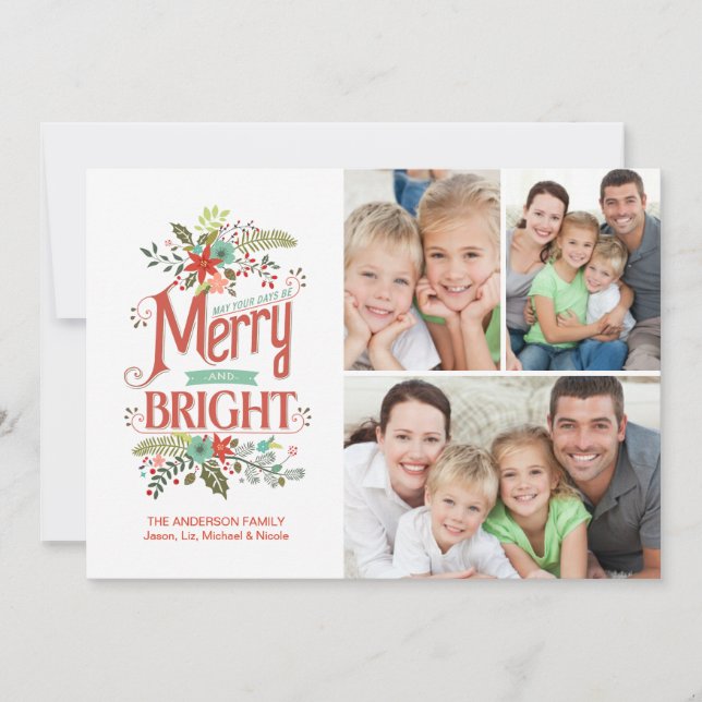 Cartes Pour Fêtes Annuelles Joyeux et brillant Retro Floral Noël Collage (Devant)