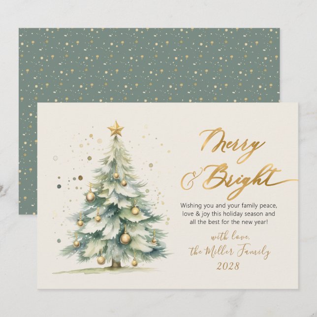 Cartes Pour Fêtes Annuelles Joyeux et brillant Script Aquarelle Arbre de Noël (Devant / Derrière)