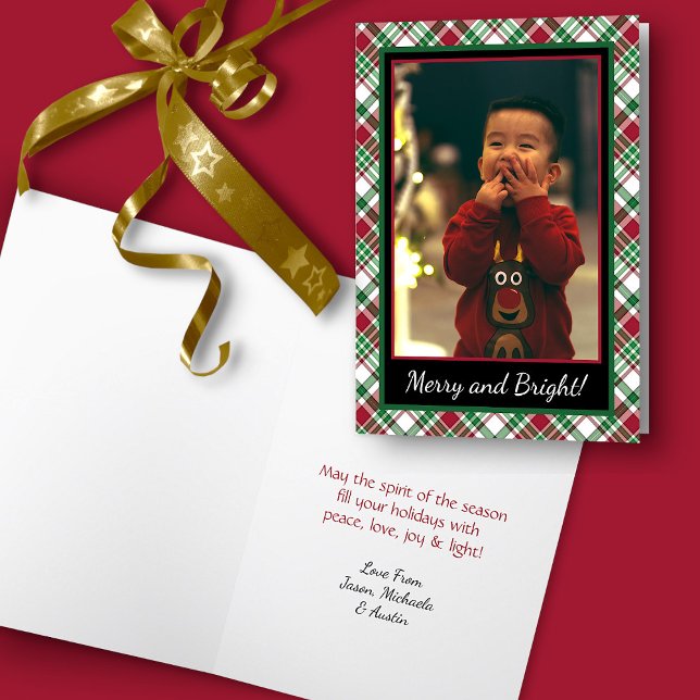 Cartes Pour Fêtes Annuelles Joyeux et brillant Tartan rustique ou photo plaid (In Situ with Ribbon)