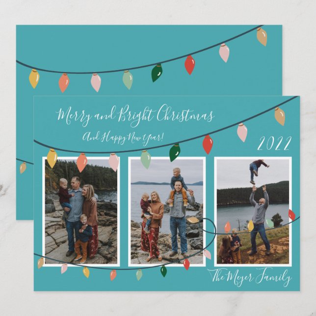 Cartes Pour Fêtes Annuelles Joyeux et brillants feux de Noël Turquoise Photo (Devant / Derrière)