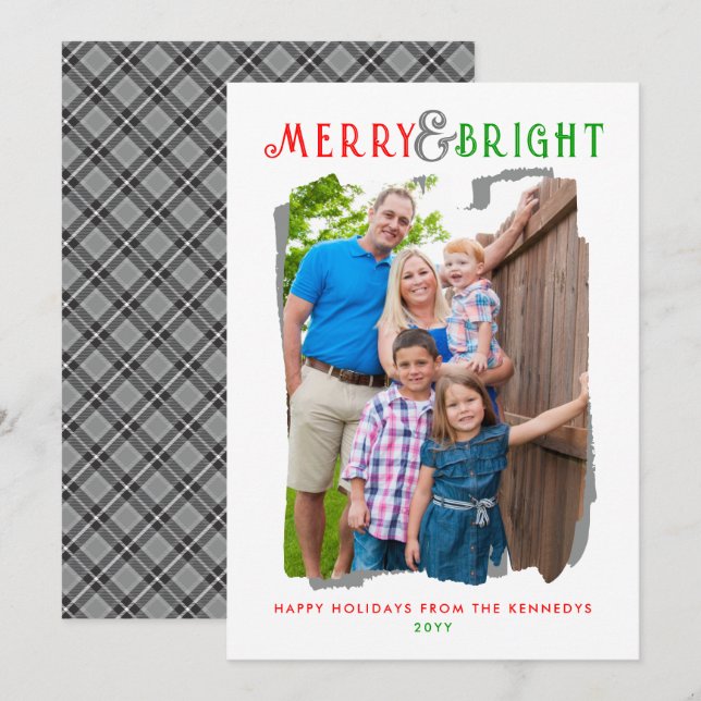 Cartes Pour Fêtes Annuelles Joyeux Et Lumineux Noël Plaid Photo Famille (Devant / Derrière)
