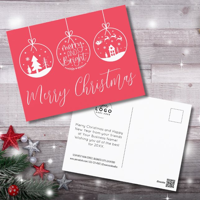 Cartes Pour Fêtes Annuelles Joyeux Et Lumineux Noël Rouge (Merry Bright Red Christmas Ornaments Business Holiday Postcard )
