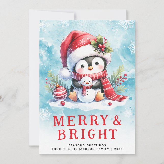 Cartes Pour Fêtes Annuelles Joyeux et lumineux pingouin bleu rouge Noël (Devant)